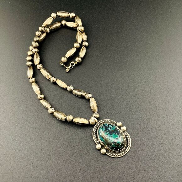 Hand Crafted Sterling Silver Pendant Necklace Large Turquoise Cab 17 In Tribal - Picture 8 of 12